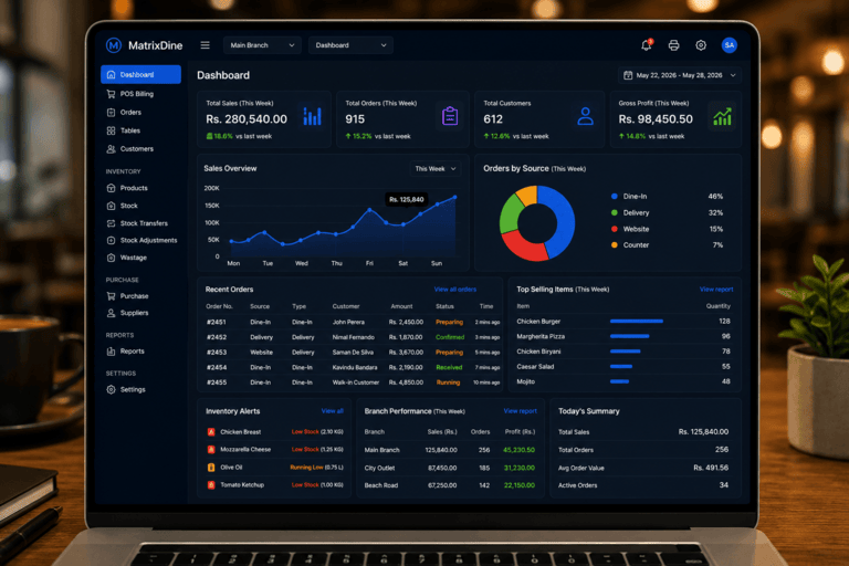 Business dashboard — Today's sales, profit view, and branch comparison.