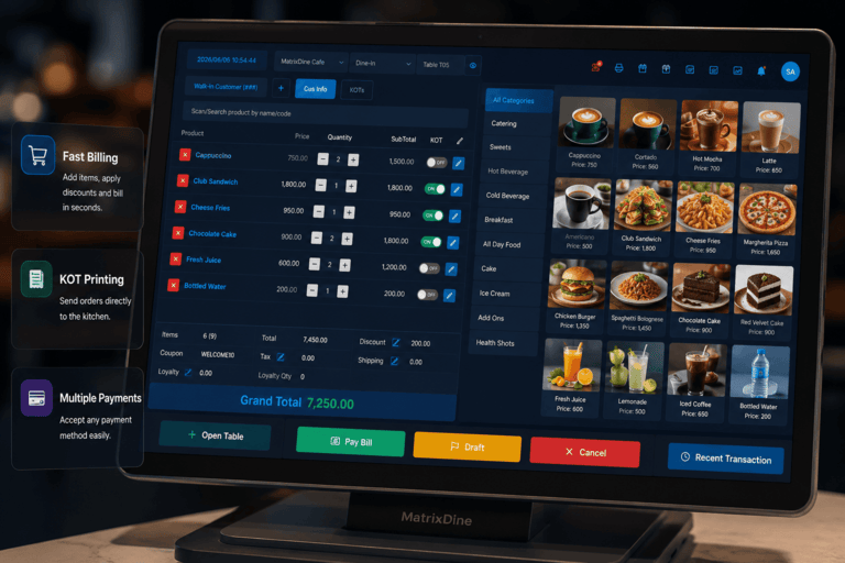 POS billing — Fast touchscreen ordering with cart, discounts, and payments.
