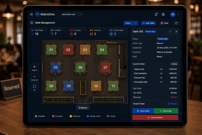Table management — Floor view with table sessions and dine-in flow.
