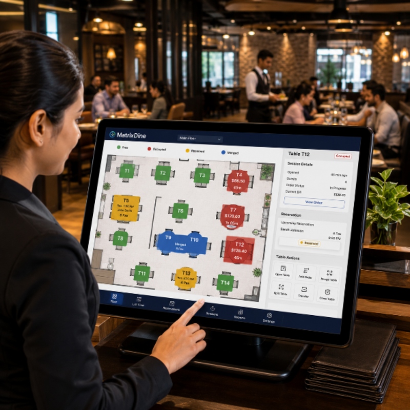MatrixDine table floor and dine-in sessions